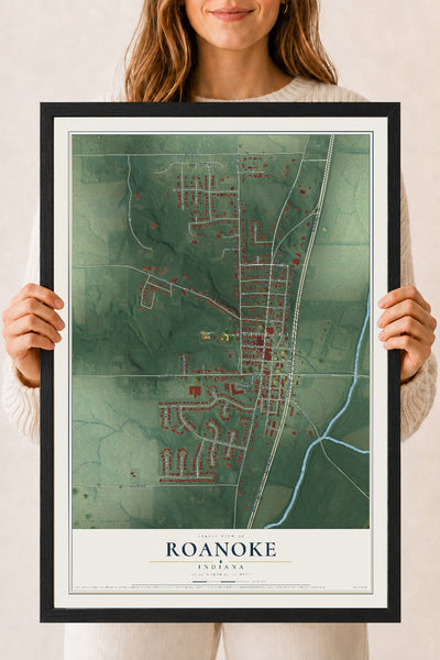 Map of Roanoke, Indiana, 18 x 24 inch print in a black wood frame