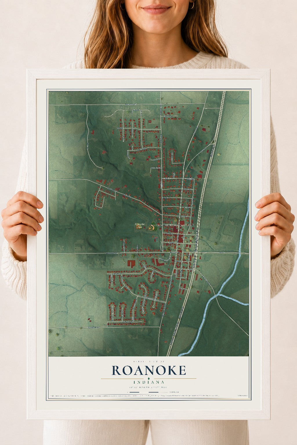 Map of Roanoke, Indiana, 18 x 24 inch print in a white wood frame