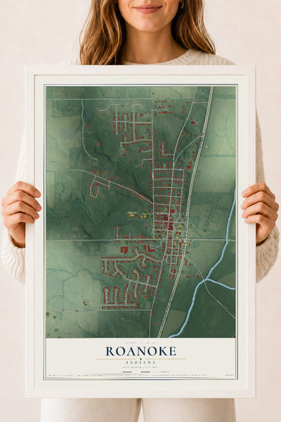 Map of Roanoke, Indiana, 18 x 24 inch print in a white wood frame