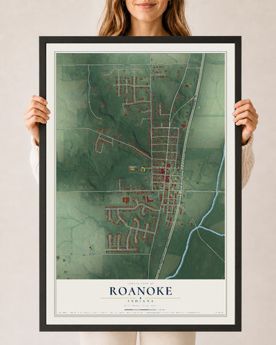 Map of Roanoke, Indiana, 24 x 36 inch print in a black wood frame