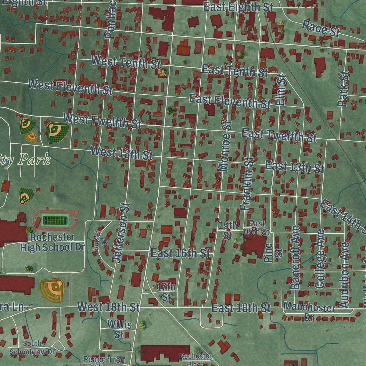 Close-up of the map of Rochester, Indiana print showing street and building detail
