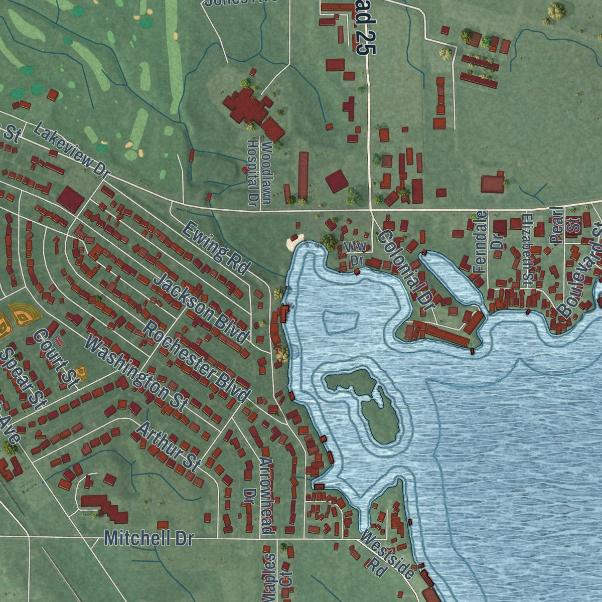 Second close-up of the map of Rochester, Indiana print showing more streets and buildings