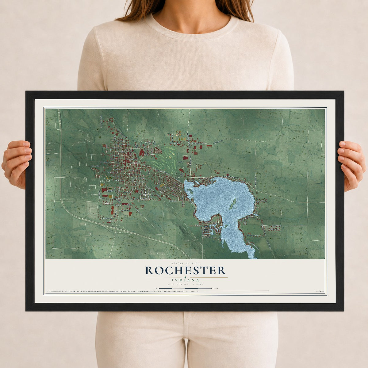 Map of Rochester, Indiana, 12 x 18 inch print in a black wood frame