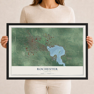 Map of Rochester, Indiana, 12 x 18 inch print in a black wood frame