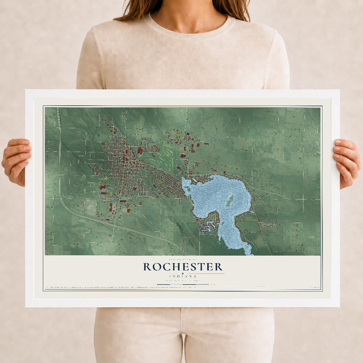 Map of Rochester, Indiana, 12 x 18 inch print in a white wood frame
