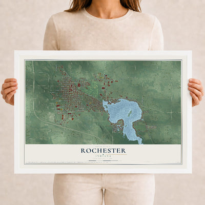 Map of Rochester, Indiana, 12 x 18 inch print in a white wood frame