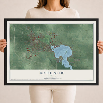 Map of Rochester, Indiana, 18 x 24 inch print in a black wood frame