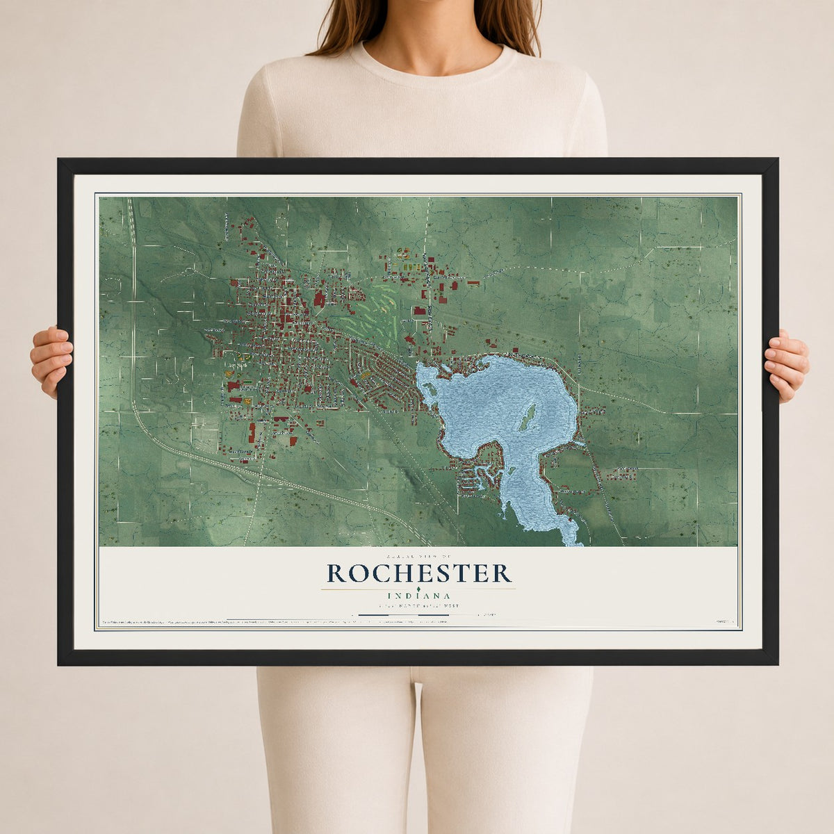 Map of Rochester, Indiana, 24 x 36 inch print in a black wood frame