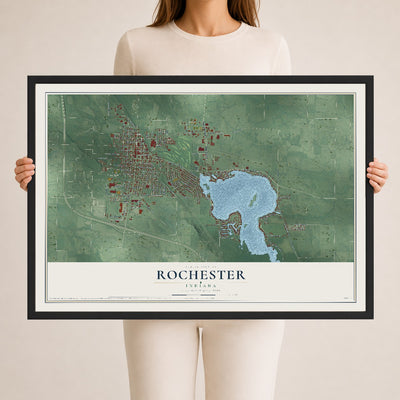 Map of Rochester, Indiana, 24 x 36 inch print in a black wood frame
