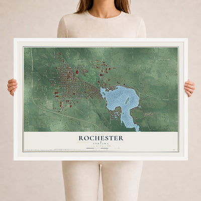 Map of Rochester, Indiana, 24 x 36 inch print in a white wood frame