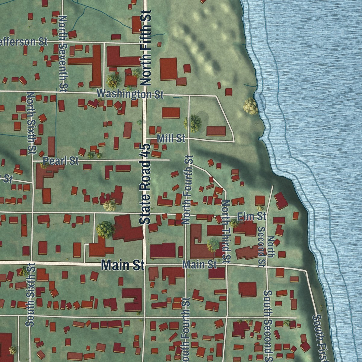 Close-up of the map of Rockport, Indiana print showing street and building detail