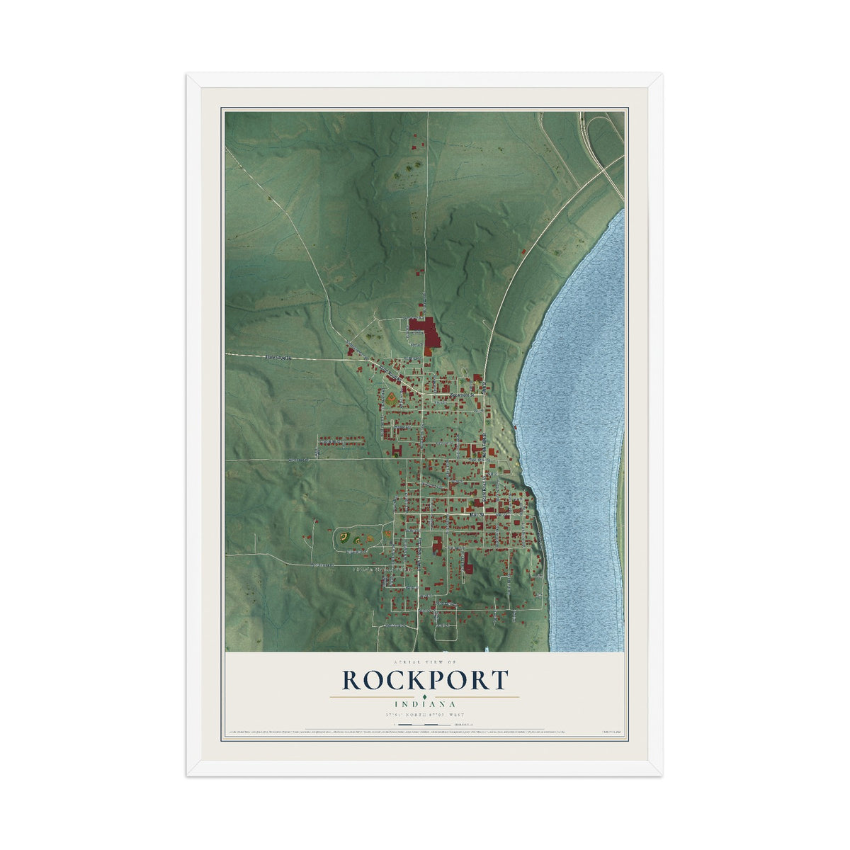 Map of Rockport, Indiana, 12 x 18 inch print in a white wood frame