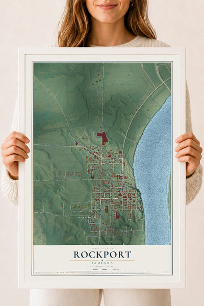 Map of Rockport, Indiana, 18 x 24 inch print in a white wood frame