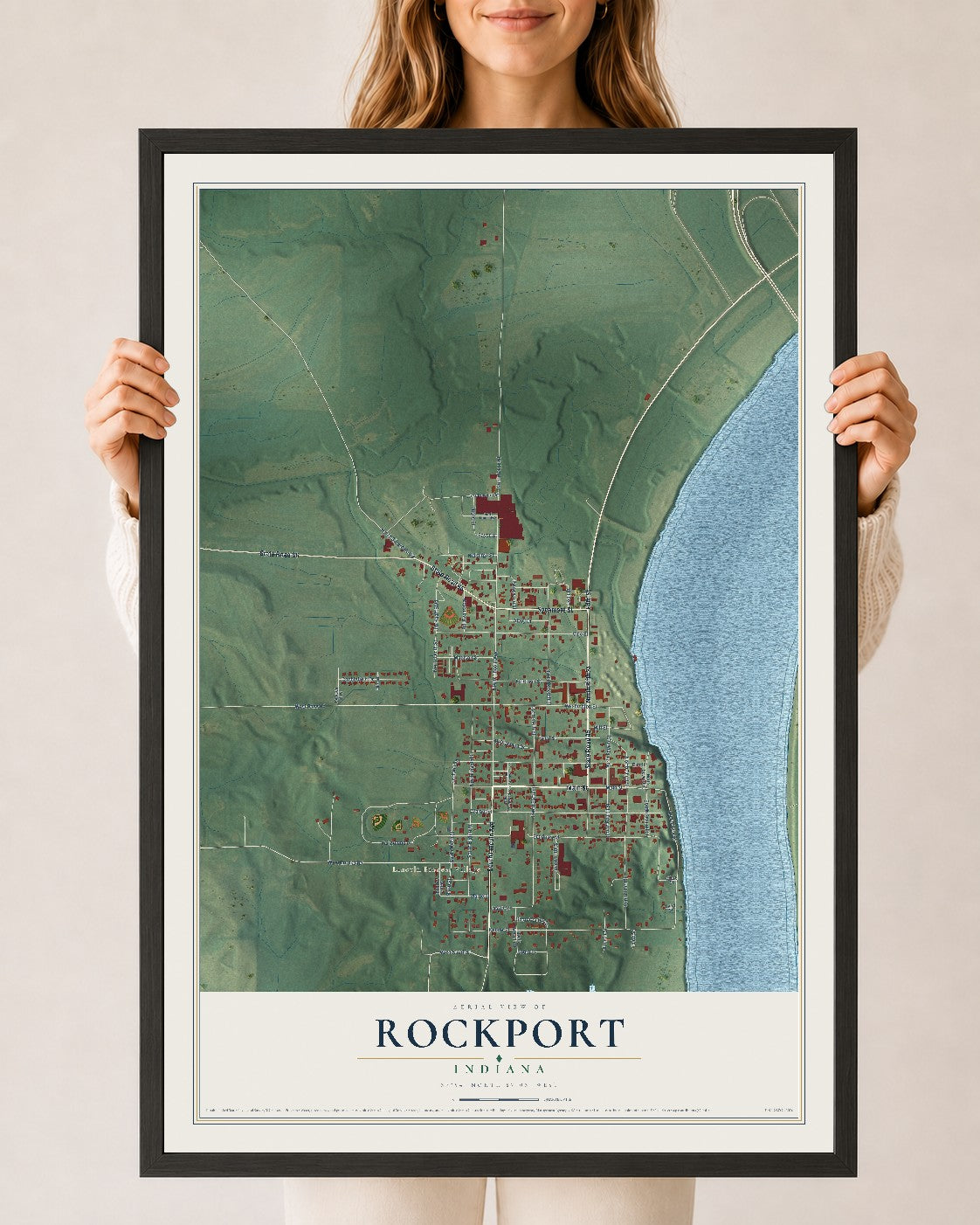 Map of Rockport, Indiana, 24 x 36 inch print in a black wood frame
