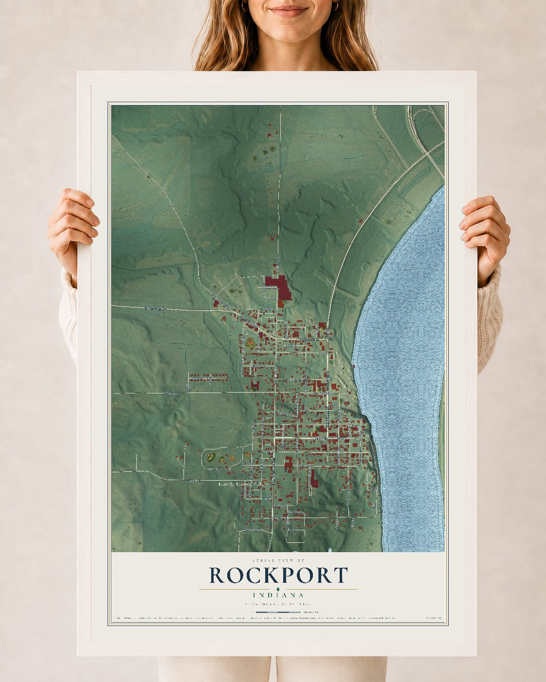 Map of Rockport, Indiana, 24 x 36 inch print in a white wood frame
