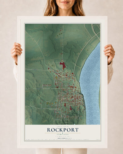 Map of Rockport, Indiana, 24 x 36 inch print in a white wood frame