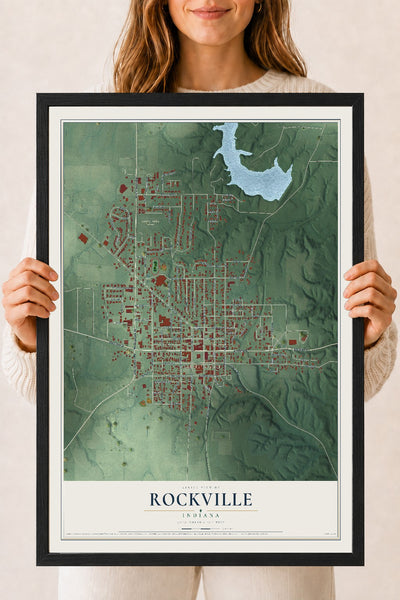 Map of Rockville, Indiana, 18 x 24 inch print in a black wood frame