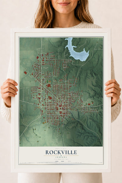 Map of Rockville, Indiana, 18 x 24 inch print in a white wood frame