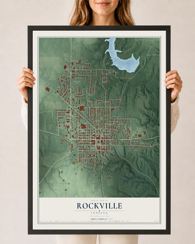 Map of Rockville, Indiana, 24 x 36 inch print in a black wood frame