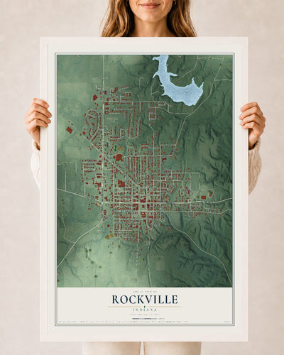 Map of Rockville, Indiana, 24 x 36 inch print in a white wood frame