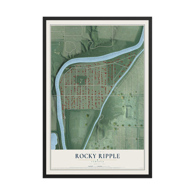Map of Rocky Ripple, Indiana, 12 x 18 inch print in a black wood frame