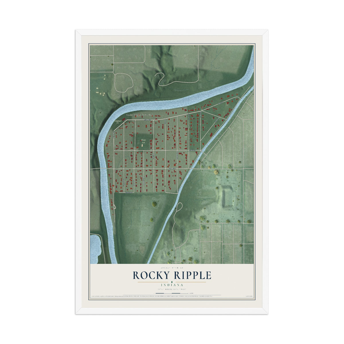 Map of Rocky Ripple, Indiana, 12 x 18 inch print in a white wood frame