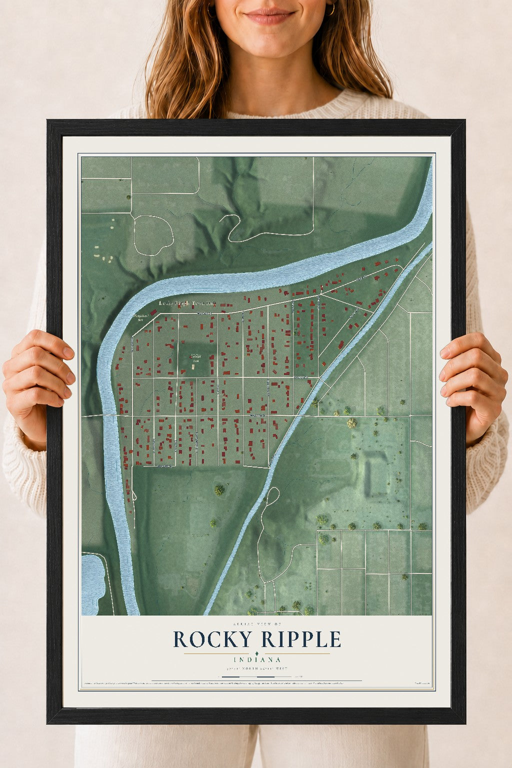 Map of Rocky Ripple, Indiana, 18 x 24 inch print in a black wood frame
