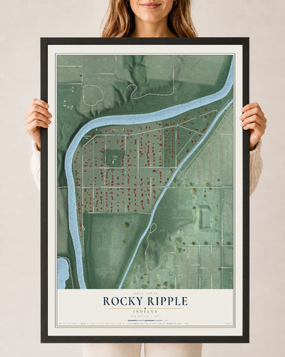 Map of Rocky Ripple, Indiana, 24 x 36 inch print in a black wood frame