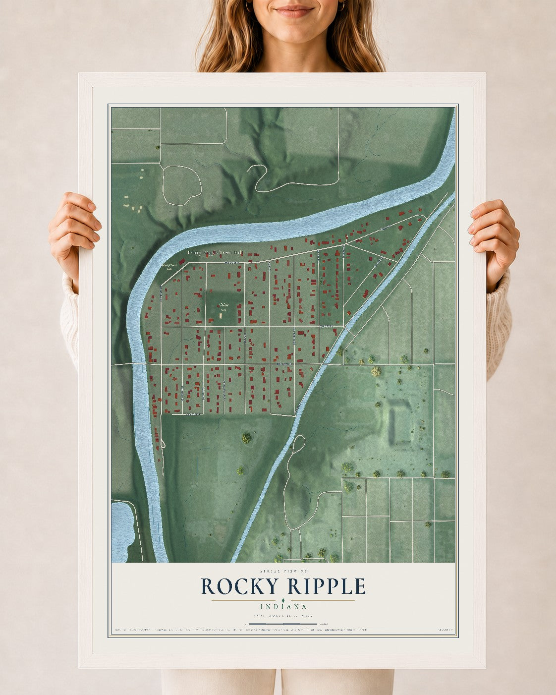 Map of Rocky Ripple, Indiana, 24 x 36 inch print in a white wood frame