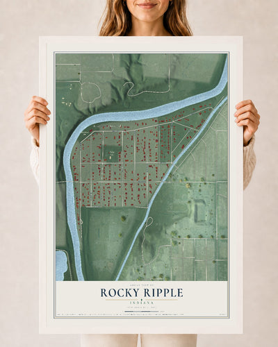 Map of Rocky Ripple, Indiana, 24 x 36 inch print in a white wood frame