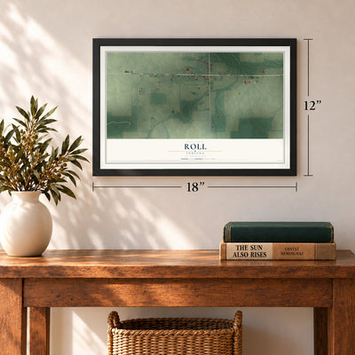 Roll, Indiana map, 12 x 18 inch print in a black frame in an entryway