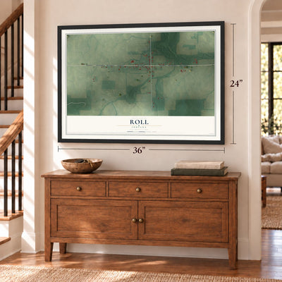 Roll, Indiana map, 24 x 36 inch print in a black frame above a dresser by a staircase