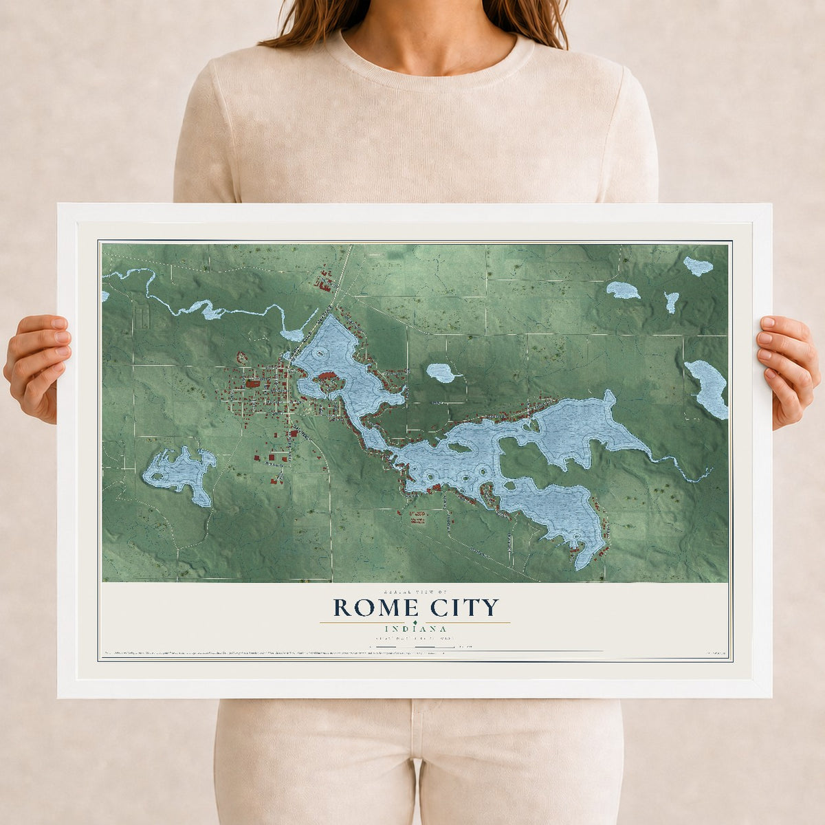 Map of Rome City, Indiana, 12 x 18 inch print in a white wood frame