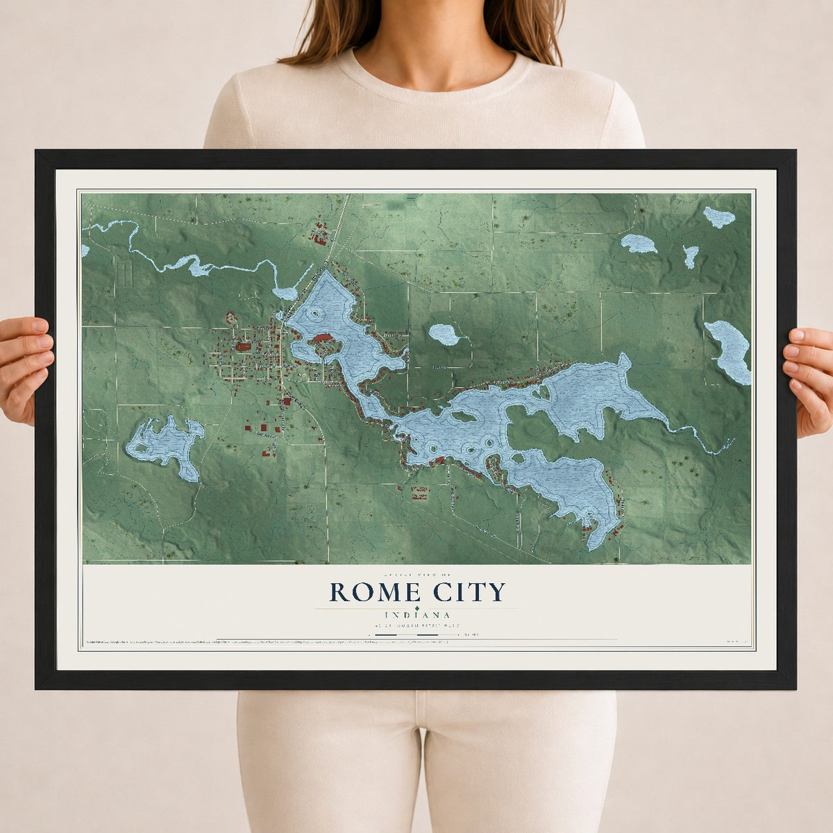 Map of Rome City, Indiana, 18 x 24 inch print in a black wood frame