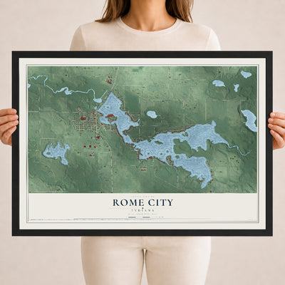 Map of Rome City, Indiana, 18 x 24 inch print in a black wood frame