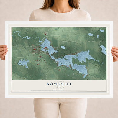 Map of Rome City, Indiana, 18 x 24 inch print in a white wood frame