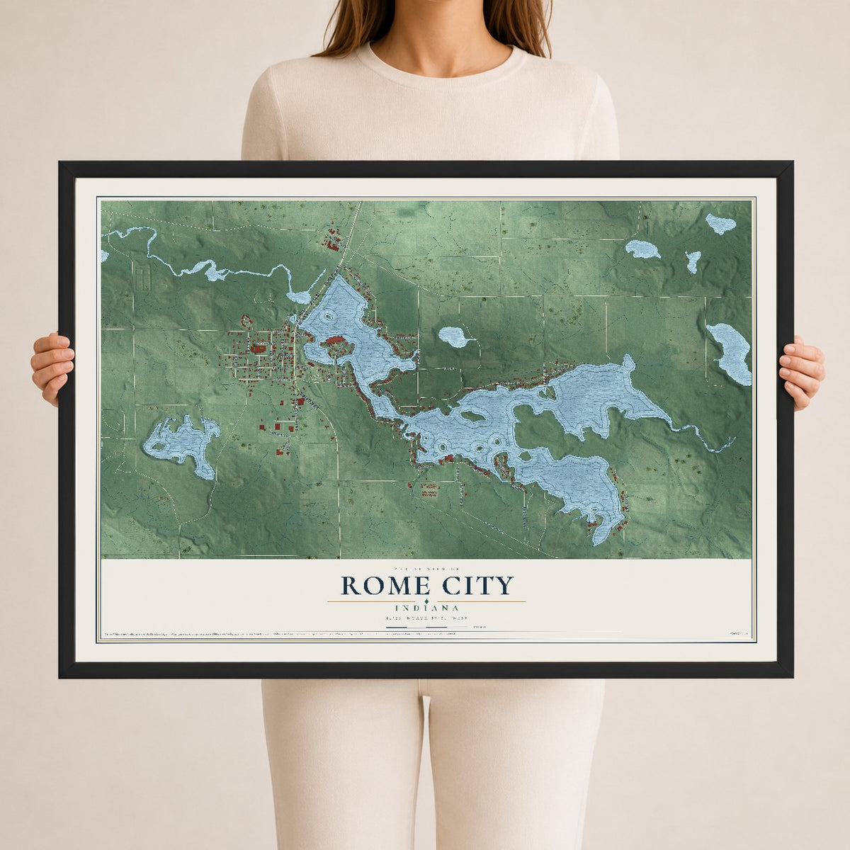 Map of Rome City, Indiana, 24 x 36 inch print in a black wood frame
