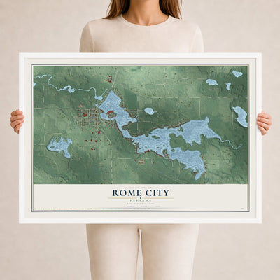 Map of Rome City, Indiana, 24 x 36 inch print in a white wood frame