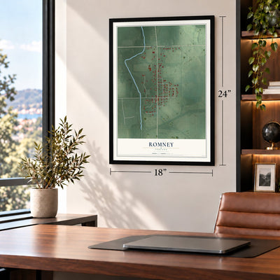 Romney, Indiana map, 18 x 24 inch print in a black frame in a home office
