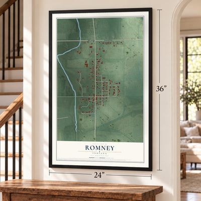 Romney, Indiana map, 24 x 36 inch print in a black frame by a staircase