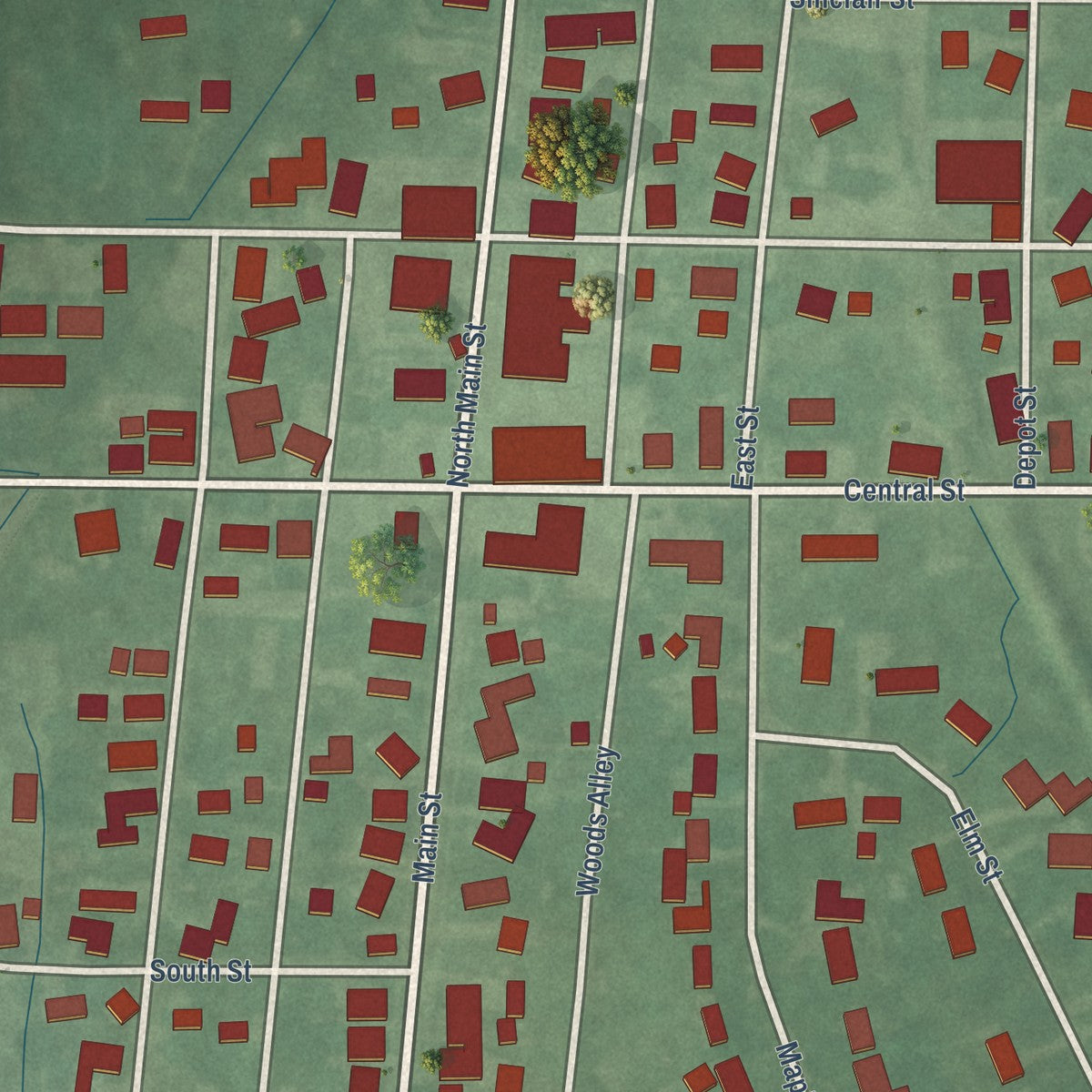 Close-up of the map of Rosedale, Indiana print showing street and building detail
