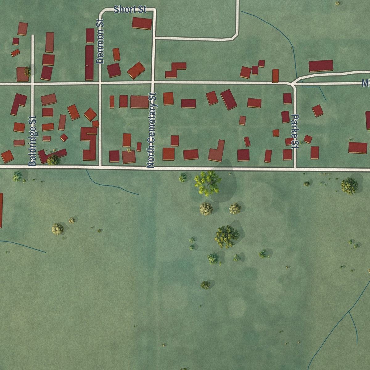 Second close-up of the map of Rosedale, Indiana print showing more streets and buildings