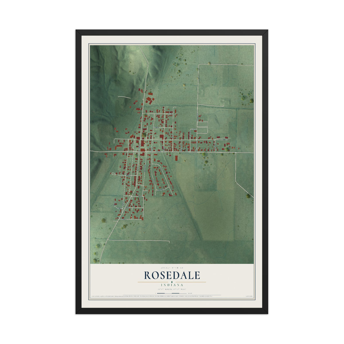 Map of Rosedale, Indiana, 12 x 18 inch print in a black wood frame
