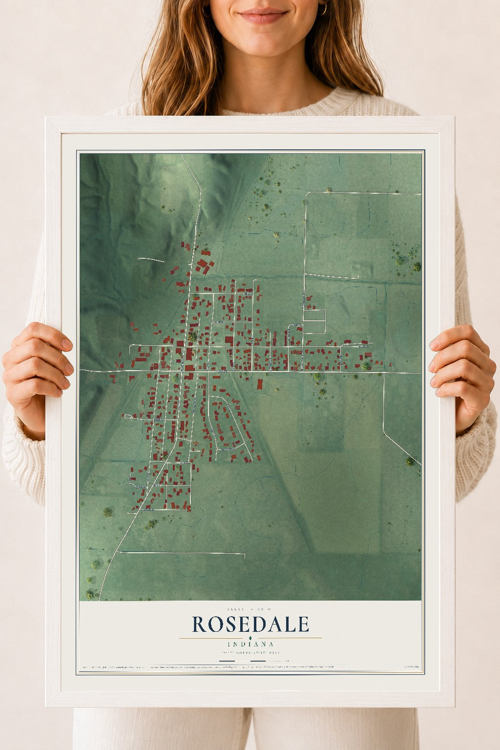 Map of Rosedale, Indiana, 18 x 24 inch print in a white wood frame