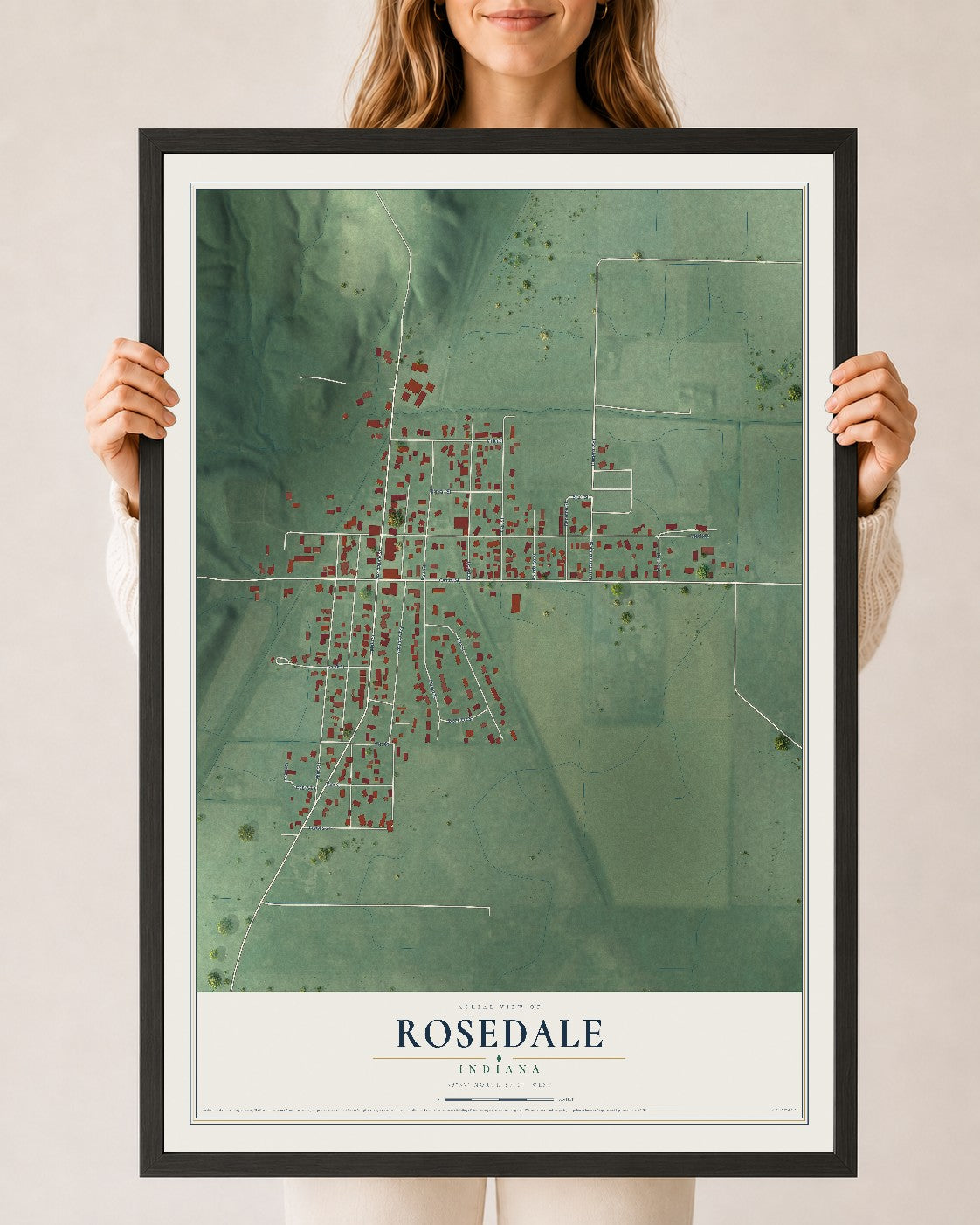 Map of Rosedale, Indiana, 24 x 36 inch print in a black wood frame