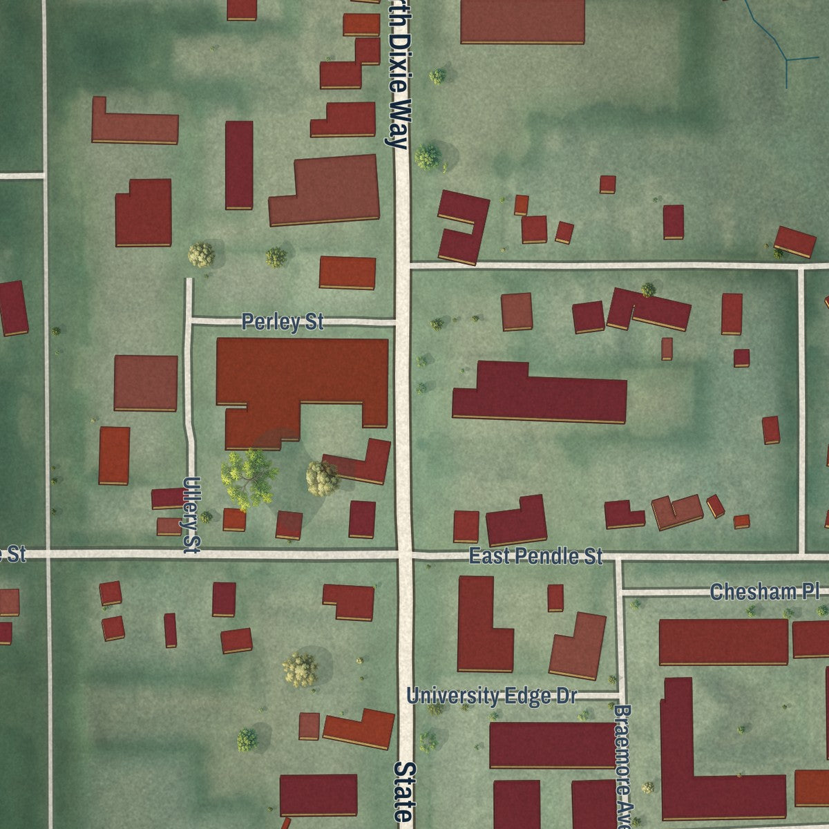 Second close-up of the map of Roseland, Indiana print showing more streets and buildings