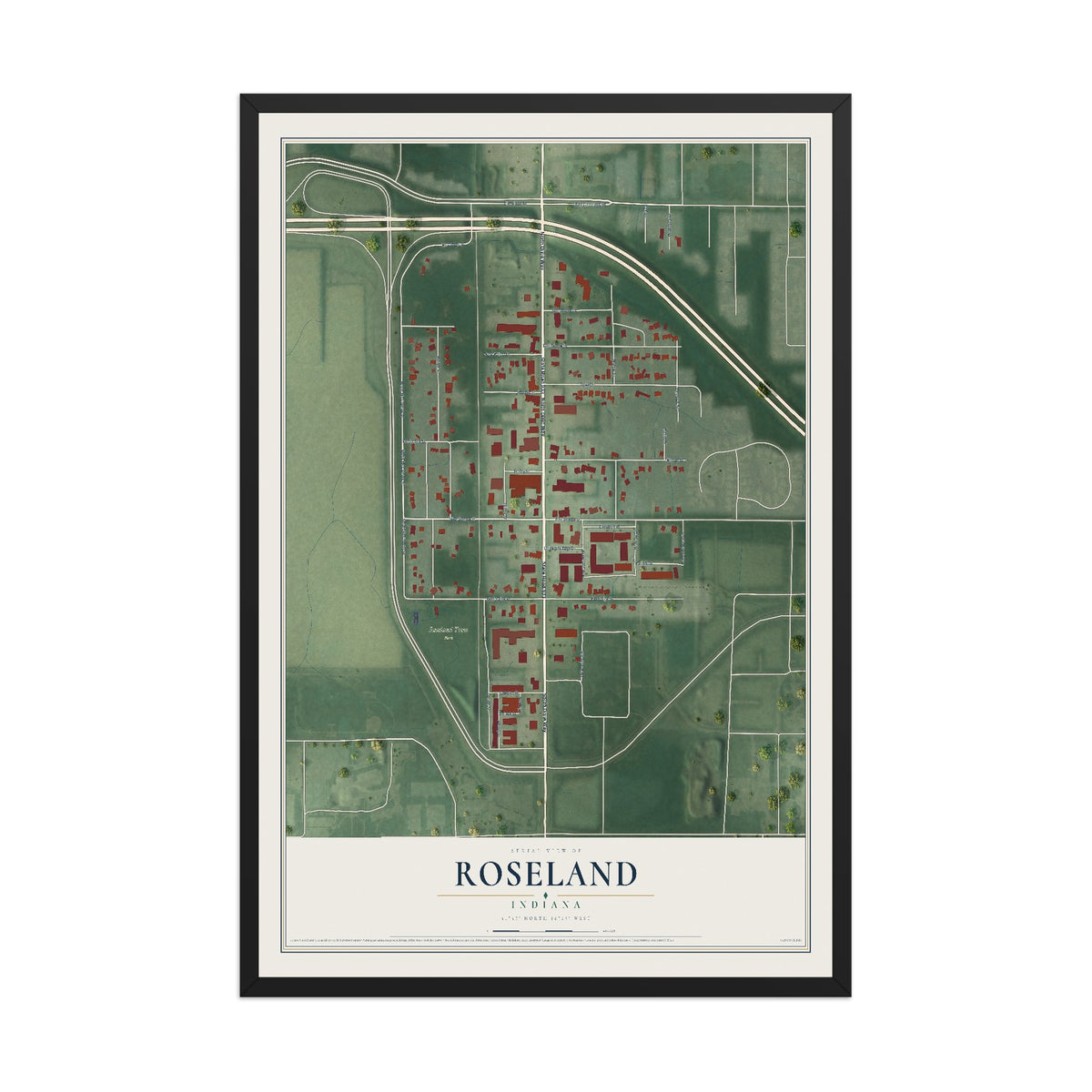 Map of Roseland, Indiana, 12 x 18 inch print in a black wood frame