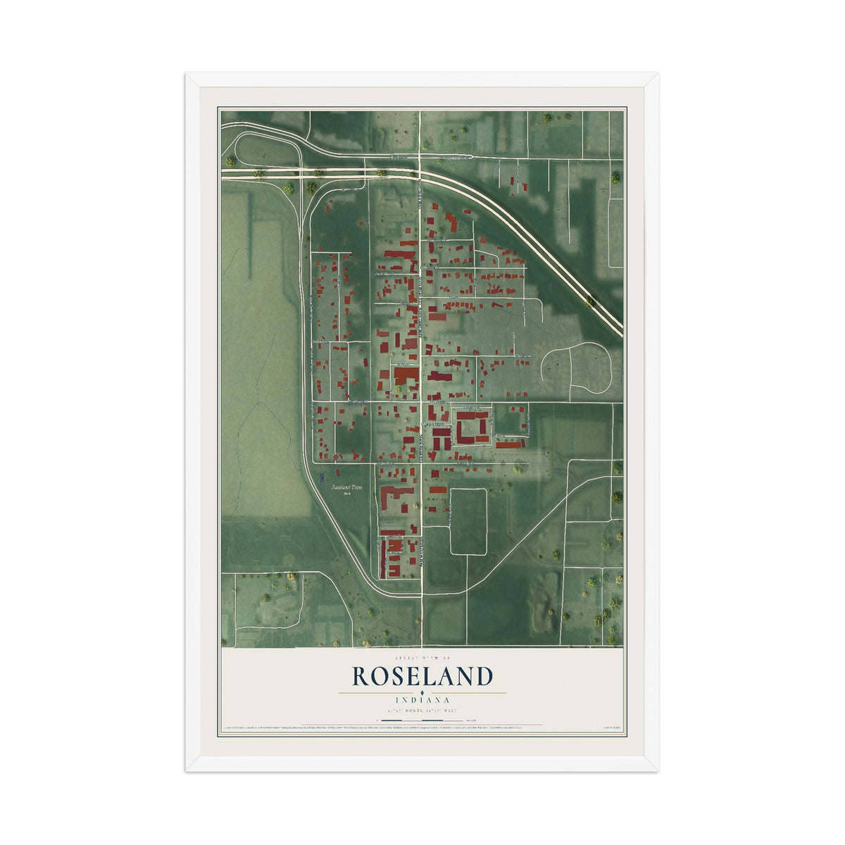Map of Roseland, Indiana, 12 x 18 inch print in a white wood frame