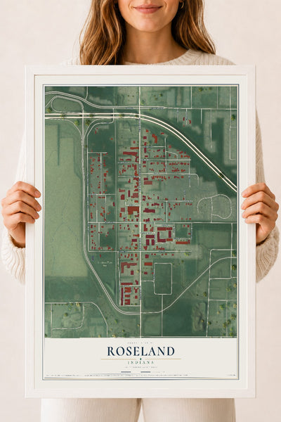 Map of Roseland, Indiana, 18 x 24 inch print in a white wood frame