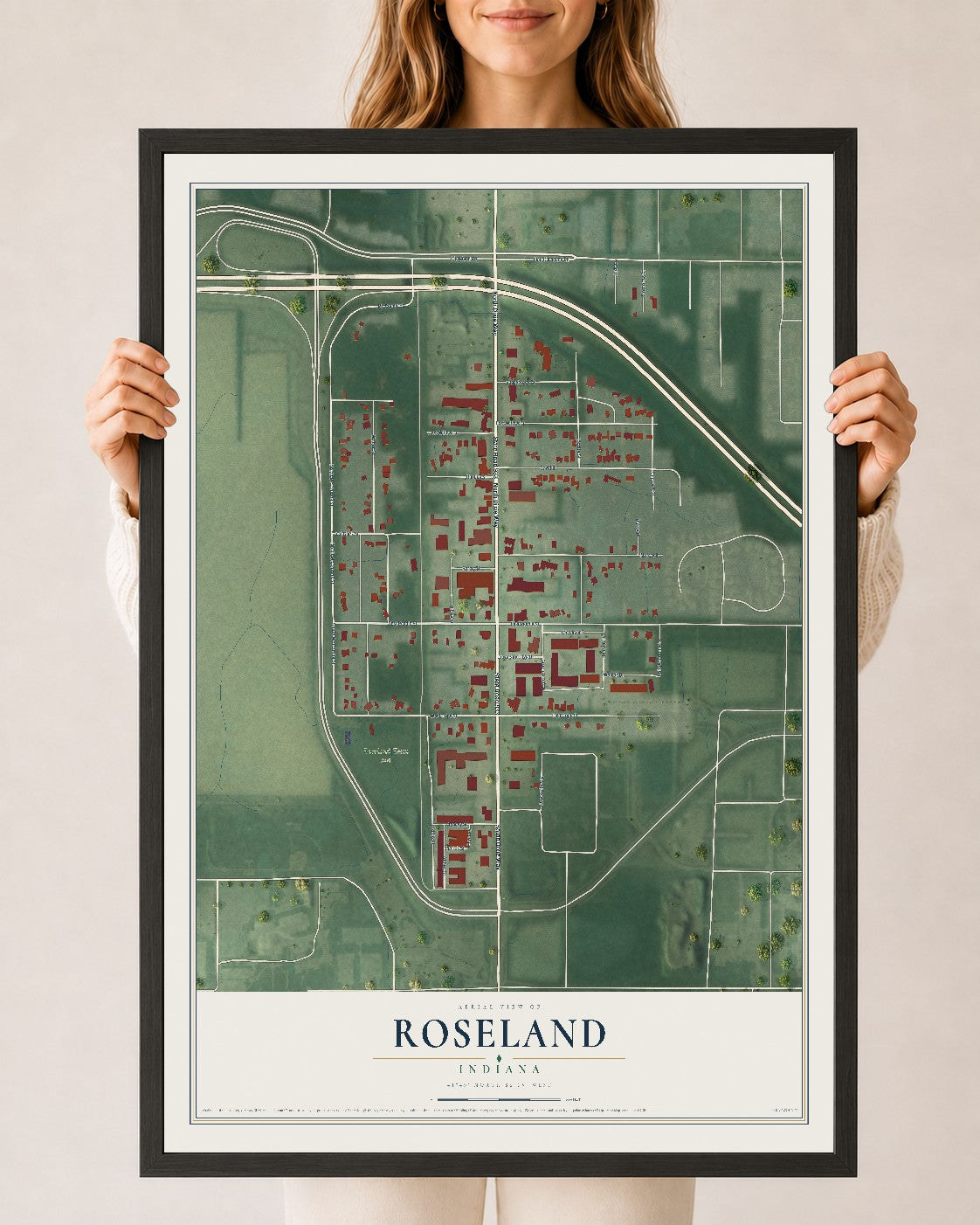 Map of Roseland, Indiana, 24 x 36 inch print in a black wood frame